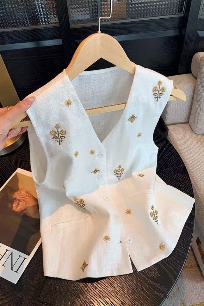 Lan ~ Pháp Vàng Ren Thêu Cổ Chữ v Cotton Áo Vest Nữ Mùa Hè Phong Cách Mới Tiền Cũ Phong Cách Thời Trang Sang Trọng Áo Vest Không Tay