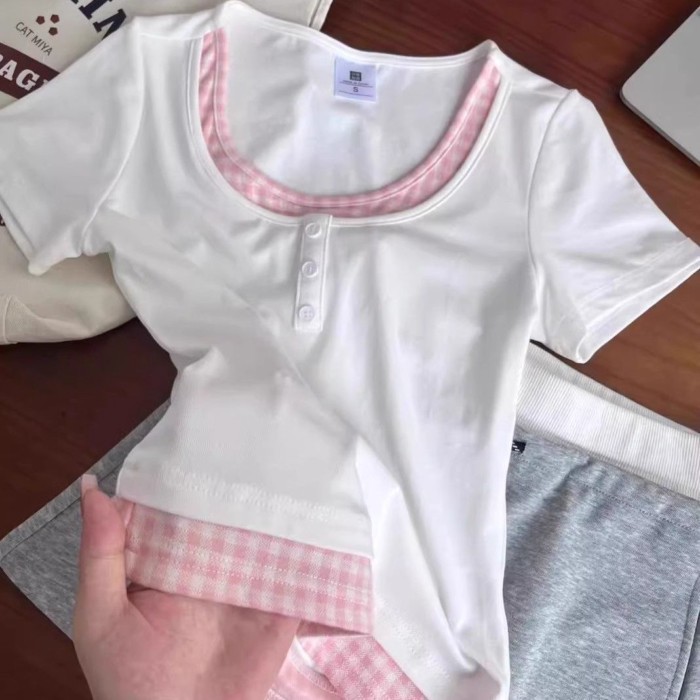 Áo thun ngắn tay kẻ sọc tương phản ngọt ngào cho bé gái, trẻ em vừa và lớn, áo trễ vai dáng ô