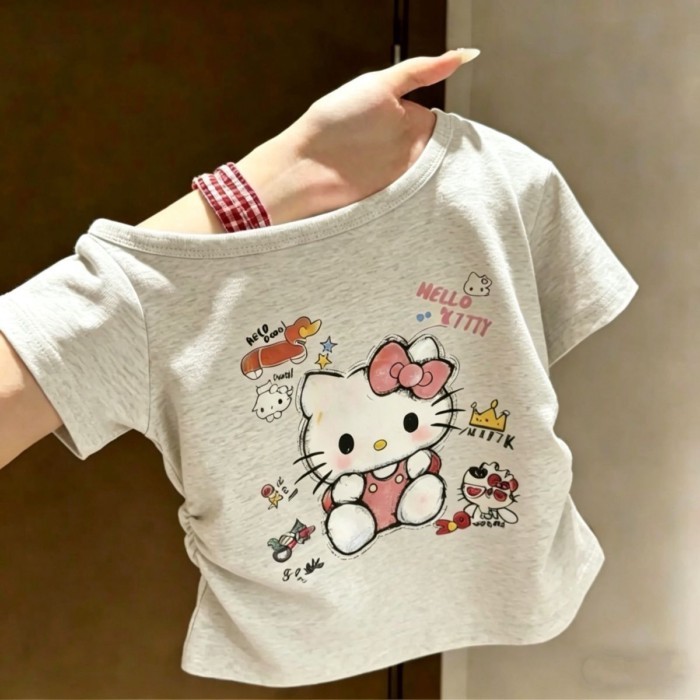 bé gái mới phong cách mùa hè cotton hoạt hình mèo dễ thương vai dốc ngắn tay trẻ em phong cách c