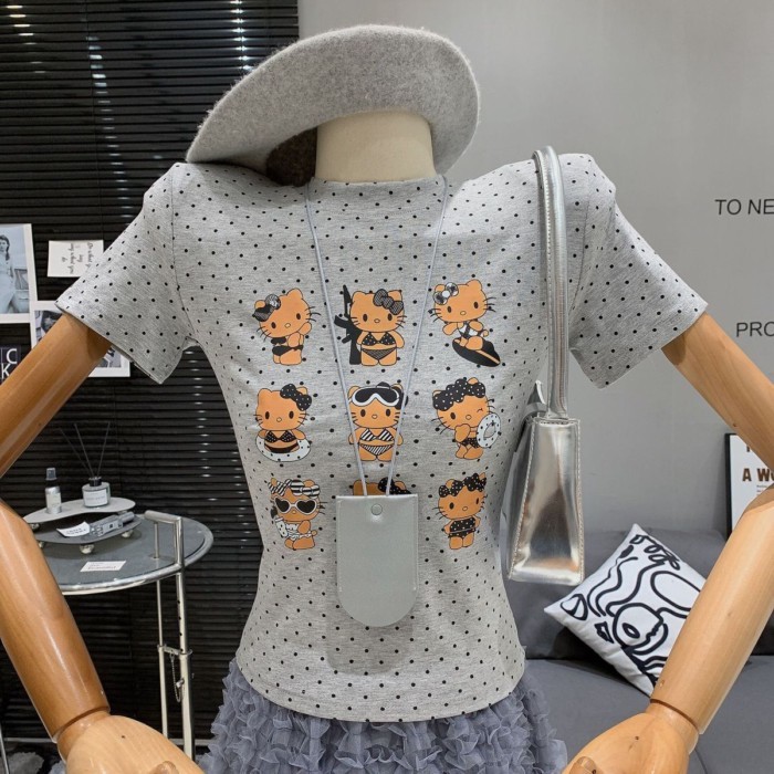 Áo thun ngắn tay in hình hoạt hình chấm bi tươi mát và ngọt ngào phong cách Hàn Quốc dáng ôm vừa vặ