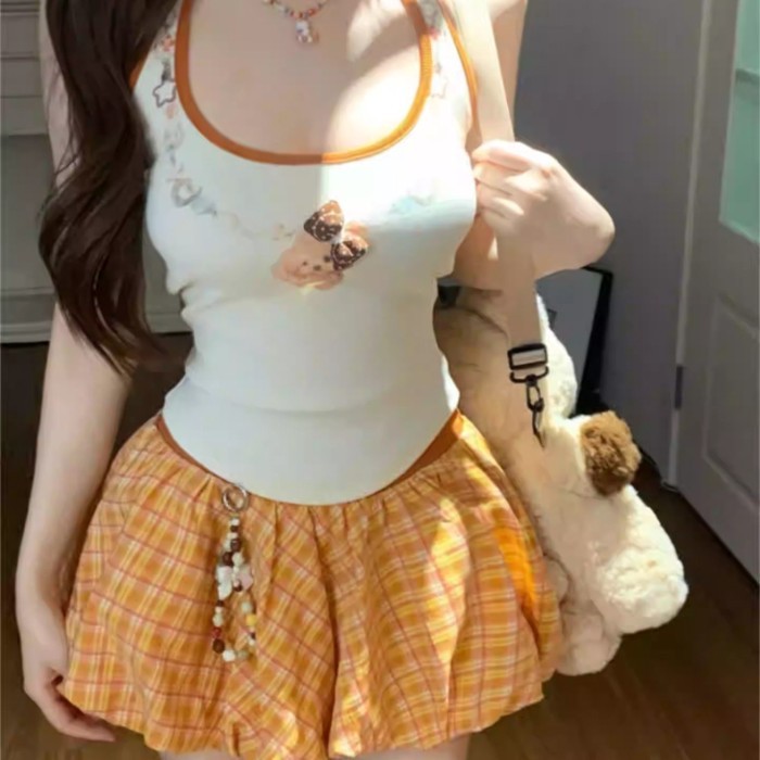 Yuanqi ngọt ngào thú cưng mùa hè hot girl kẻ sọc váy ngắn dopamine nữ