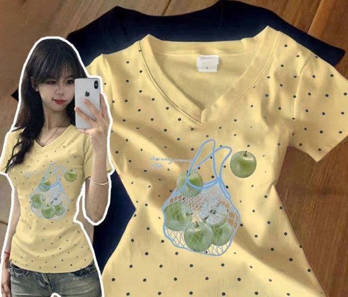 V cổ áo chấm bi ngắn tay phong cách mới giảm béo màu xanh bạc hà sang trọng phong cách nóng bỏ