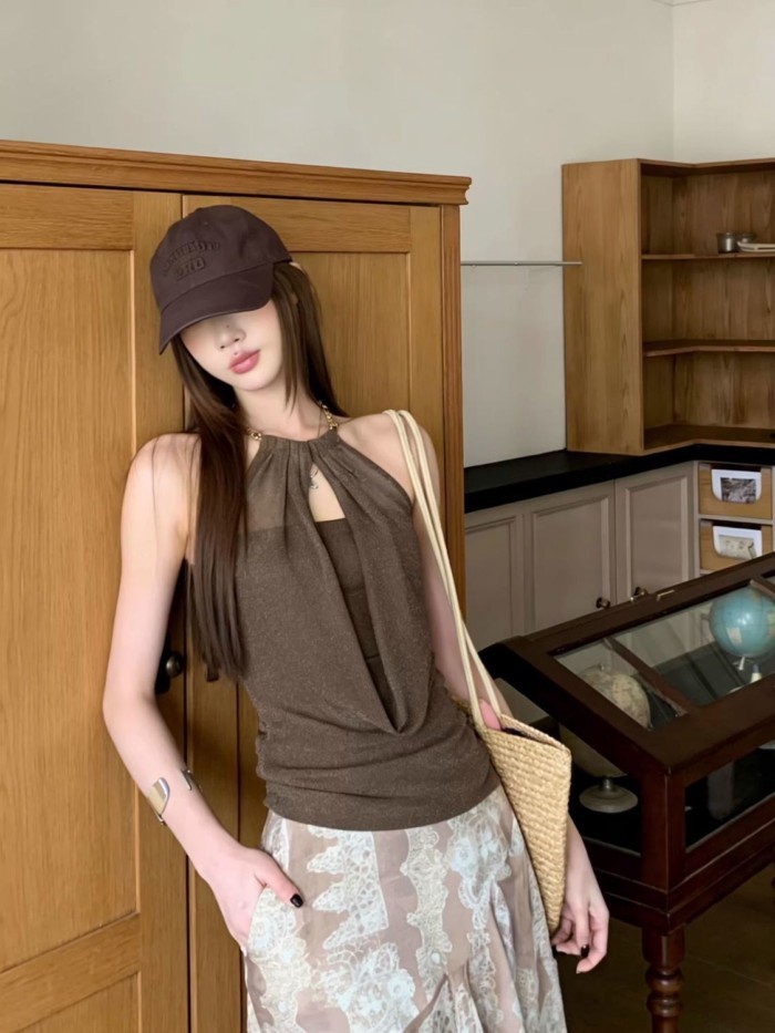 Dây chuyền cổ rỗng áo yếm nữ không tay dây cổ hở lưng áo khoác ngoài độc đáo
