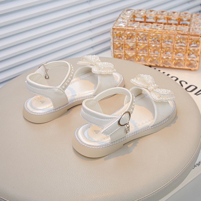 Giày Sandal Đế Mềm Nơ Pha Lê Giày Bé Gái Ngọc Trai Giày Công Chúa Giày Đi Biển Hợp Thời Trang
