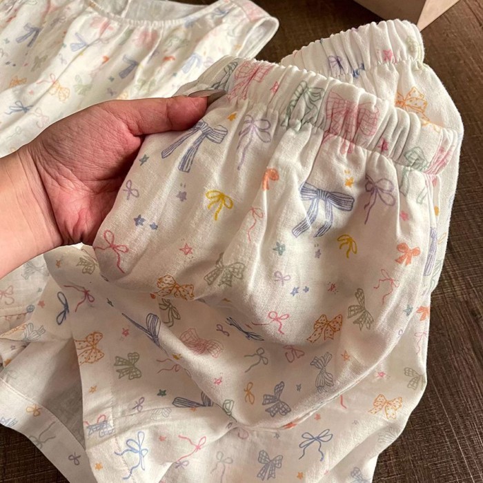 Bộ đồ ngủ không tay in hình nơ đầy màu sắc phong cách Hàn Quốc dành cho nữ Bộ quần short dễ t