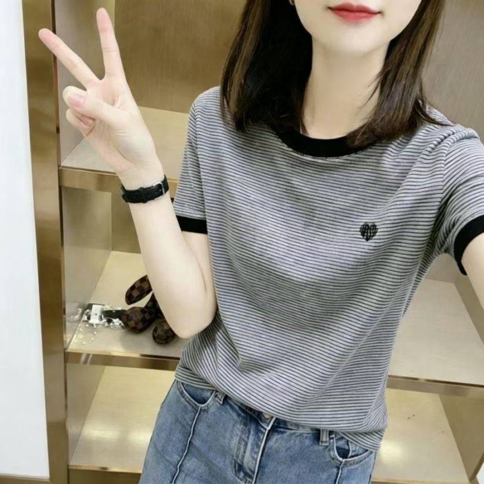 Áo thun ngắn tay sọc lệch vai thêu họa tiết thời trang mùa hè đa năng, dáng ôm, dáng ôm, cổ tròn, á