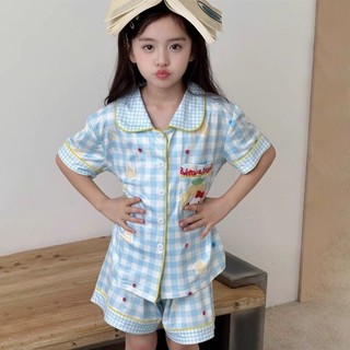Kẻ Sọc Mèo Kitty Bộ Đồ Ngủ Bé Gái Mùa Hè Mỏng Bé Gái Tay Ngắn Phù Hợp Với Trẻ Em Nhà Quần Áo Áo Kho