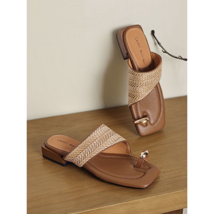 Lan ~ Smile Đi đến cuộc hẹn mùa hè Phong cách kỳ nghỉ Dệt Flip-Flops Gót dày Mặc bên ngoài Dép phong cách mới của Pháp