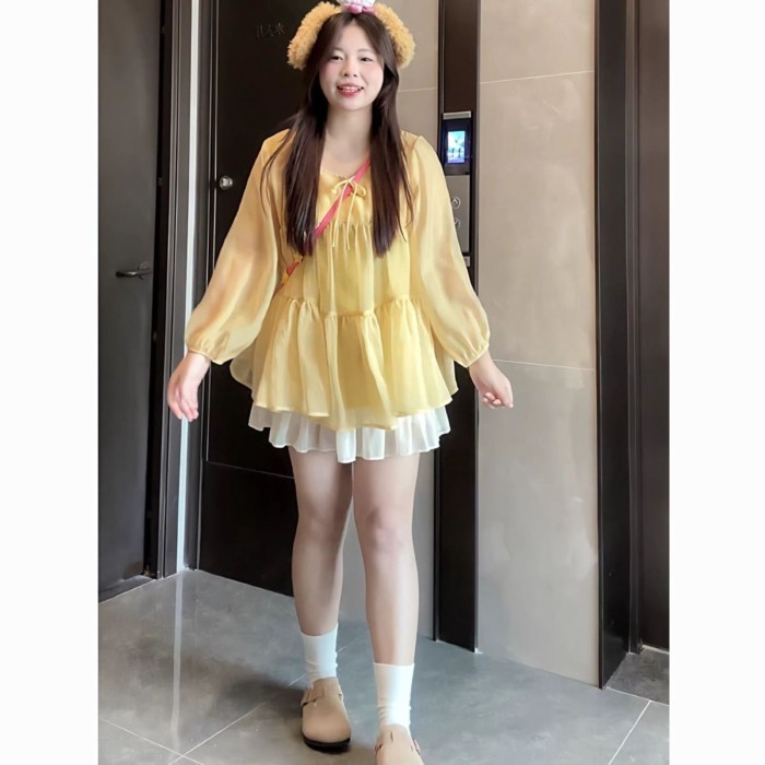 Áo phồng tay phồng màu vàng tươi, đầu thu dễ thương và ngọt ngào cho nữ, dễ thương và ngọt ngào tro
