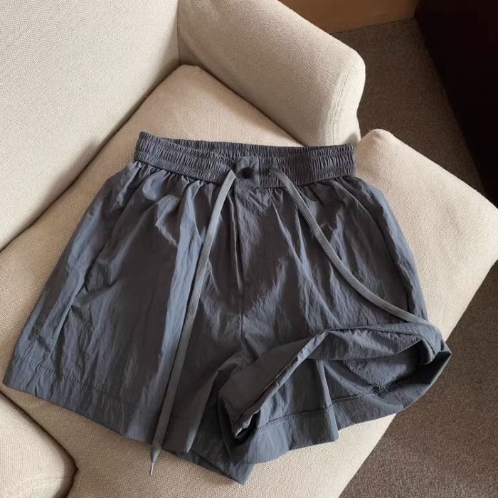 Lan ~ Phong Cách Mỹ Quần Short Nữ Thoáng Mát Mùa Hè, Co Dãn Eo, Màu Xám Ba-Po