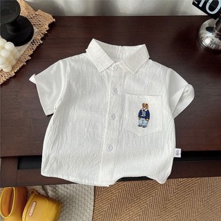 Áo sơ mi ngắn tay cotton trẻ em mùa hè phong cách mới vừa và nhỏ bé trai thêu gấu mềm mại thư