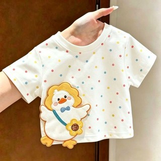 Áo thun ngắn tay thêu ba chiều bằng vải cotton nguyên chất dành cho trẻ em bé trai và bé gái có miế