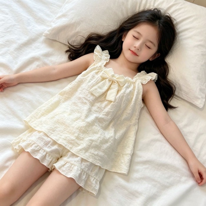 Bộ Đồ Ngủ Trẻ Em Dây Treo Mùa Hè Bé Gái Nơ Phong Cách Hàn Quốc Phong Cách Công Chúa Dễ Thương
