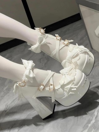 Nơ sọc đỏ Gothic Dây đeo chéo Mary Jane lo Công chúa Giày chống nước cao gót