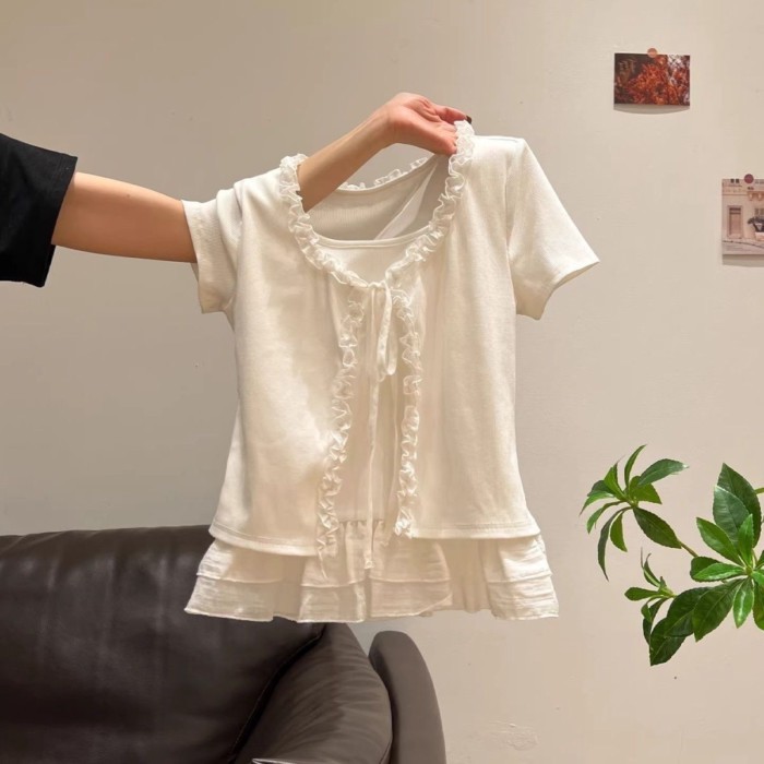 Áo thun hai dây giả ren nấm phong cách Pháp nhẹ nhàng dành cho nữ thời trang mùa hè khí chất