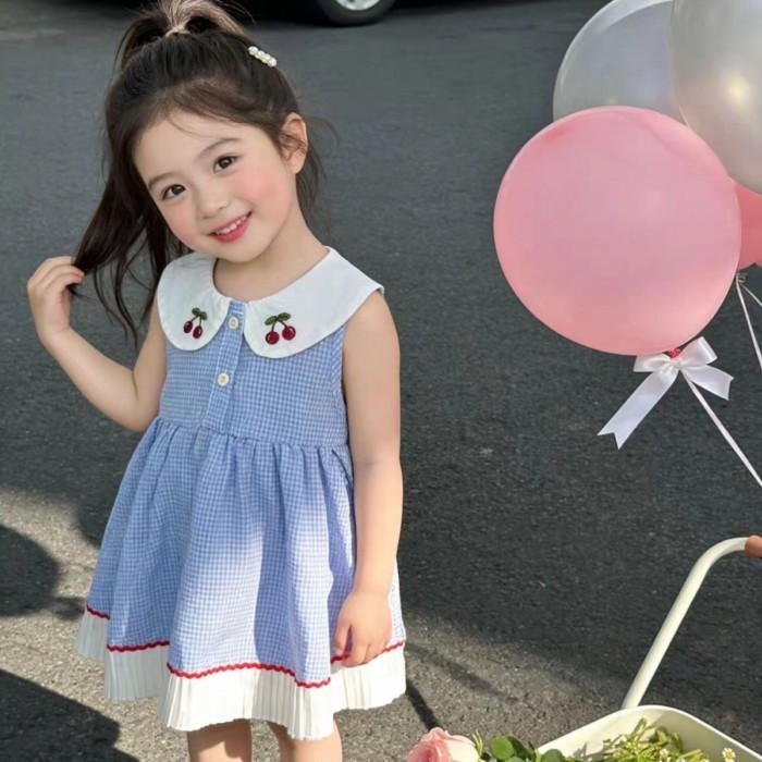 Váy cotton nguyên chất bé gái váy dài vừa phải váy bé gái công chúa phong cách bé gái áo vest