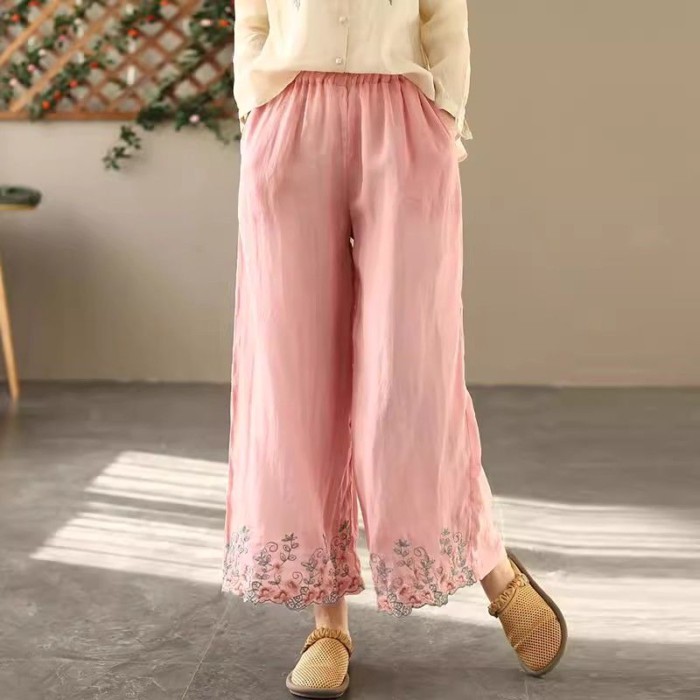 Mùa Xuân Và Mùa Hè Mới Retro Phong Cách Trung Hoa Co Giãn Rộng Cotton Và Vải Lanh Quần Âu Thêu Q