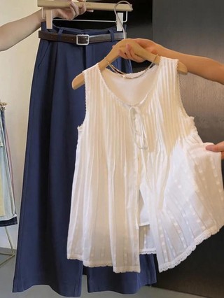 Áo sơ mi trắng thêu ren dày dặn phong cách Hàn Quốc dành cho nữ áo không tay xếp ly cao cấp