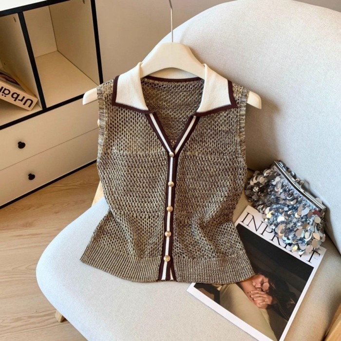 Lan ~ Áo Vest Niche Cao Cấp Phong Cách Tiền Cũ Màu Sắc Tương Phản Cổ Chữ V Không Tay Dệt Kim Nữ Thiết Kế Mùa Hè Cảm Giác Thời Trang Đáy Cardigan