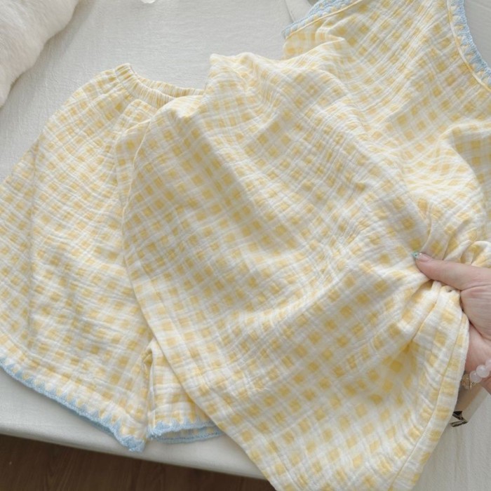 đơn giản viền xanh kem kẻ sọc vàng quần short không tay Bộ đồ ngủ nữ mùa hè Cloud cotton bé g