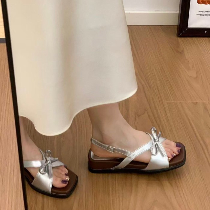 Giày sandal quai nơ nhẹ nhàng kiểu Pháp cho nữ, đế dày mùa hè kèm váy, sandal La Mã cho nữ