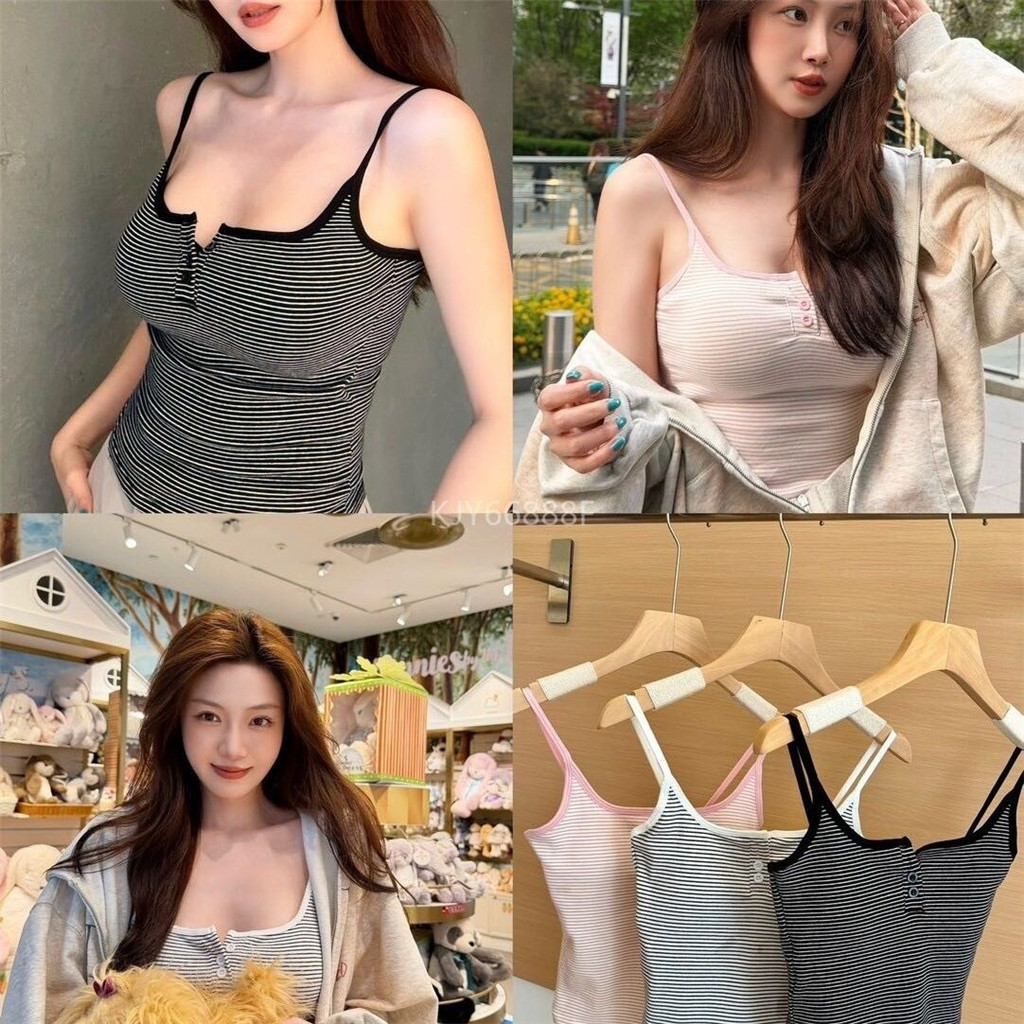 Mùa Hè Camisole Sọc với Miếng Lót Bên Ngoài, Form Skinny Phù Hợp Cho Các nàng