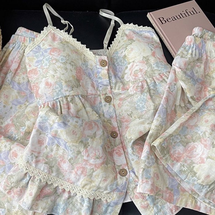 Bộ đồ ngủ kiểu mới có miếng đệm ngực, dây treo nữ, bộ hai mảnh hoa ngọt ngào mùa hè, dây treo