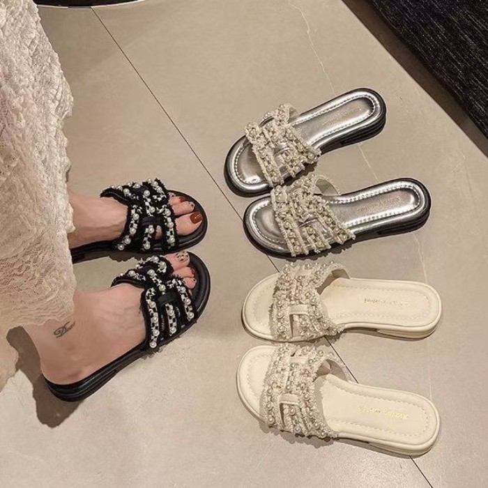 Dép ngọc trai mùa hè cho nữ, dép xỏ ngón đế phẳng, sandal đi biển đa năng kèm váy