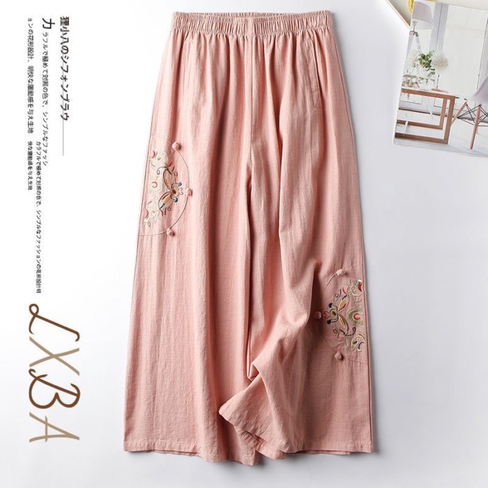chiếc quần cotton và lanh mùa hè dành cho nữ, quần ống rộng thêu phong cách dân tộc retro mỏng,