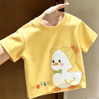 áo thun ngắn tay in hình con vịt màu vàng nguyên chất mùa hè dễ thương cho bé trai và bé gái, áo