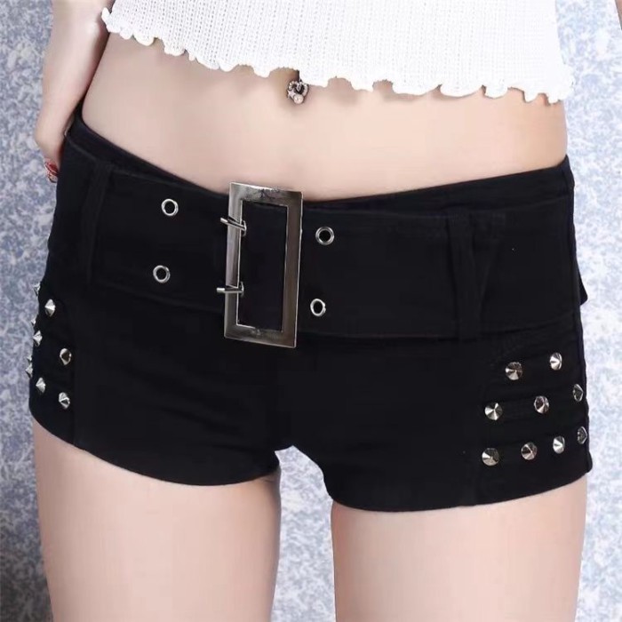 Quần short trắng Mỹ y2k denim lưng thấp đinh tán siêu quần short giảm béo quần ôm nóng