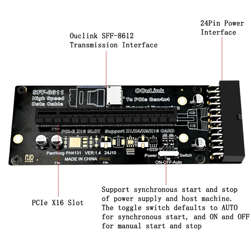Oculink SFF-8612 sang PCI-E 4.0 X16 Adapter Riser Card 24Pin Nguồn điện ...