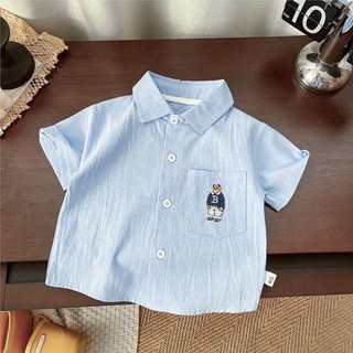 Áo sơ mi ngắn tay cotton trẻ em mùa hè phong cách mới vừa và nhỏ bé trai thêu gấu mềm mại thư