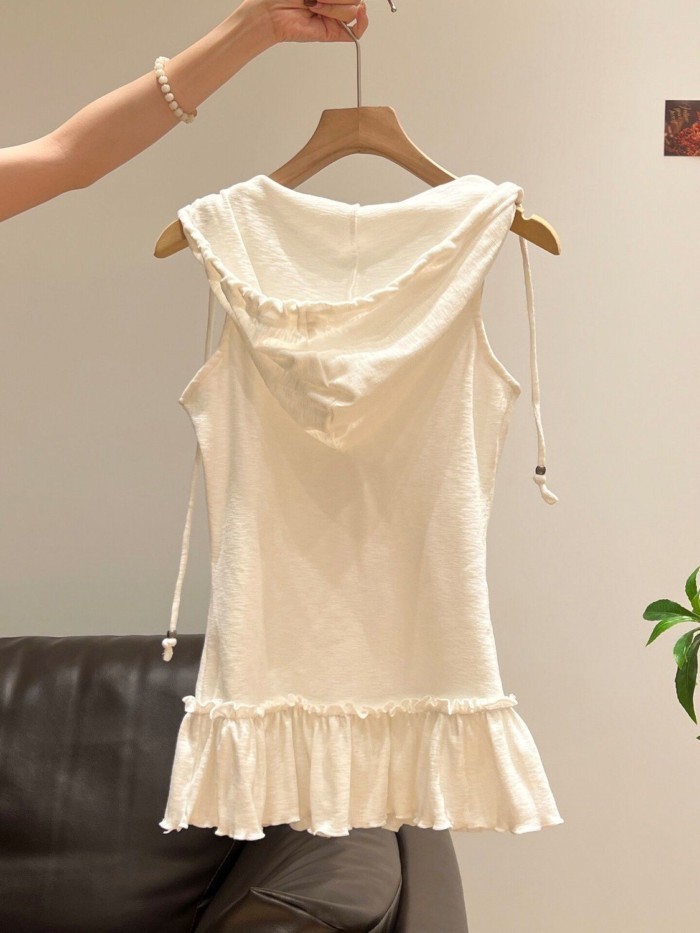 Lan ~ American Hot Girl Trắng Xù Viền Có Mũ Trùm Đầu Áo Vest Mùa Xuân Phong Cách Mới Slim-fit Phù Hợp Với Nữ