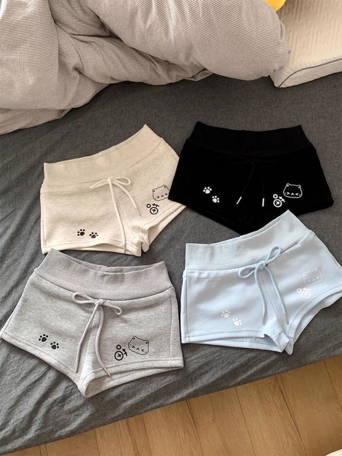 Quần short thể thao nữ in hình mèo, phù hợp mùa hè, dáng slim-fit