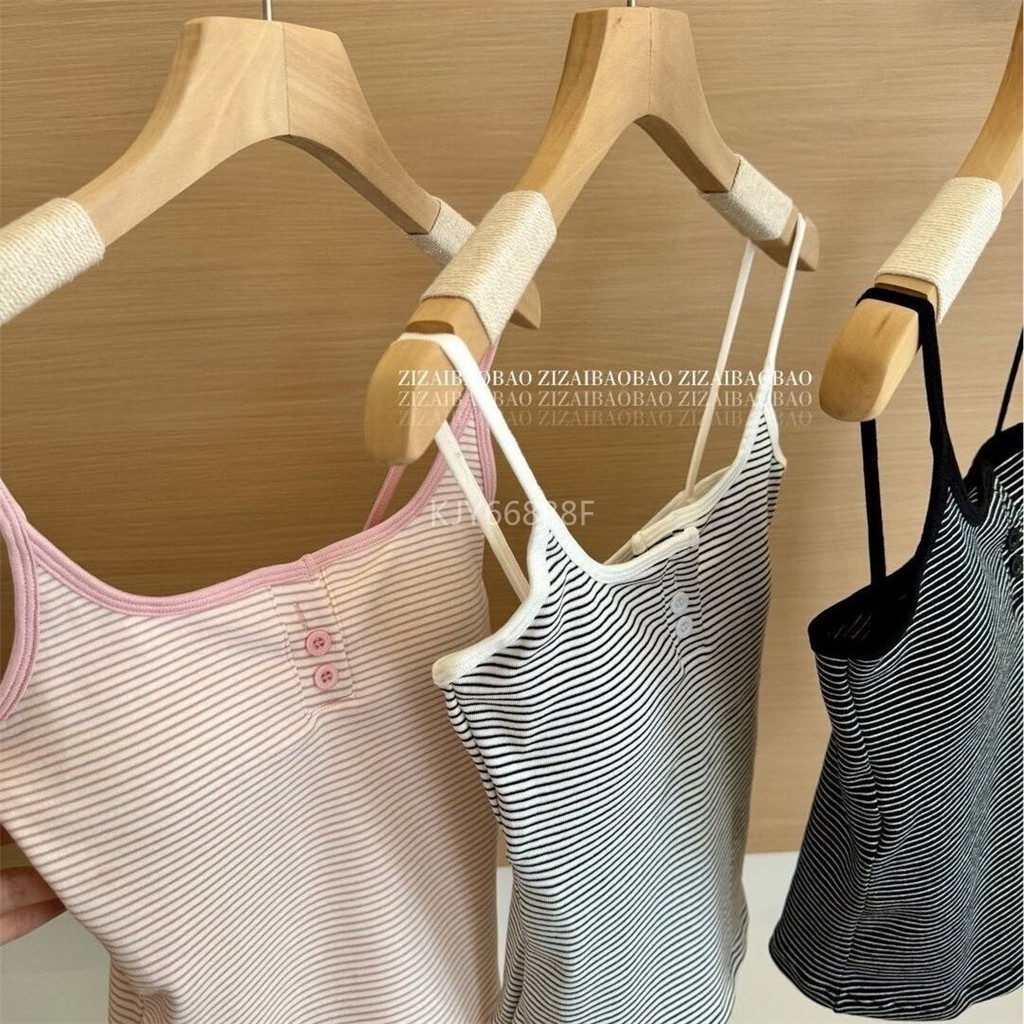 Mùa Hè Camisole Sọc với Miếng Lót Bên Ngoài, Form Skinny Phù Hợp Cho Các nàng