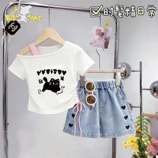 Bộ quần short denim mùa hè cho bé gái dành cho trẻ nhỏ, vừa và lớn, áo trễ vai thời trang cho bé gá