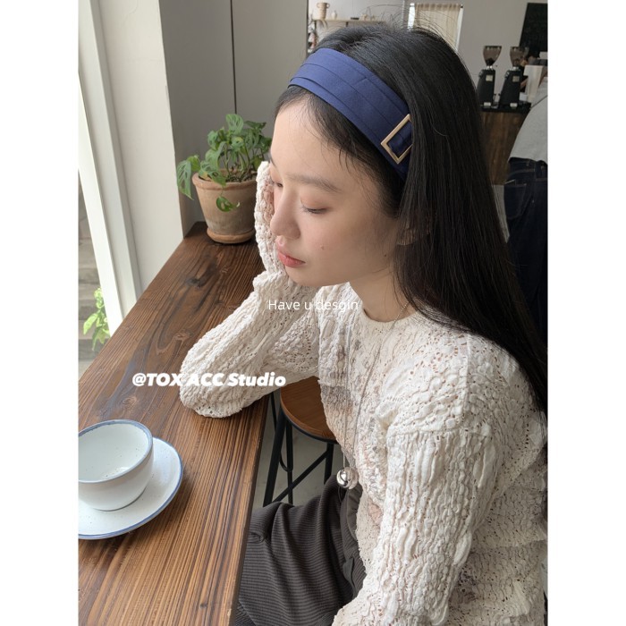 Have u desgin Hàn Quốc Retro Cao Cấp Đầu Lâu Hàng Đầu Rộng Viền Tất Cả Trận Đấu Vàng Vuông Khóa Cao Cấp Băng Đô Xếp Ly