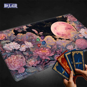 Mặt trăng hồng rạng rỡ với thiết kế hoa Thảm chơi Game 14X24Inch, Thảm chơi nghệ thuật thực vật giả tưởng cho trò chơi thẻ giao dịch TCG CCG và trò chơi trên bàn, Quà thần kỳ
