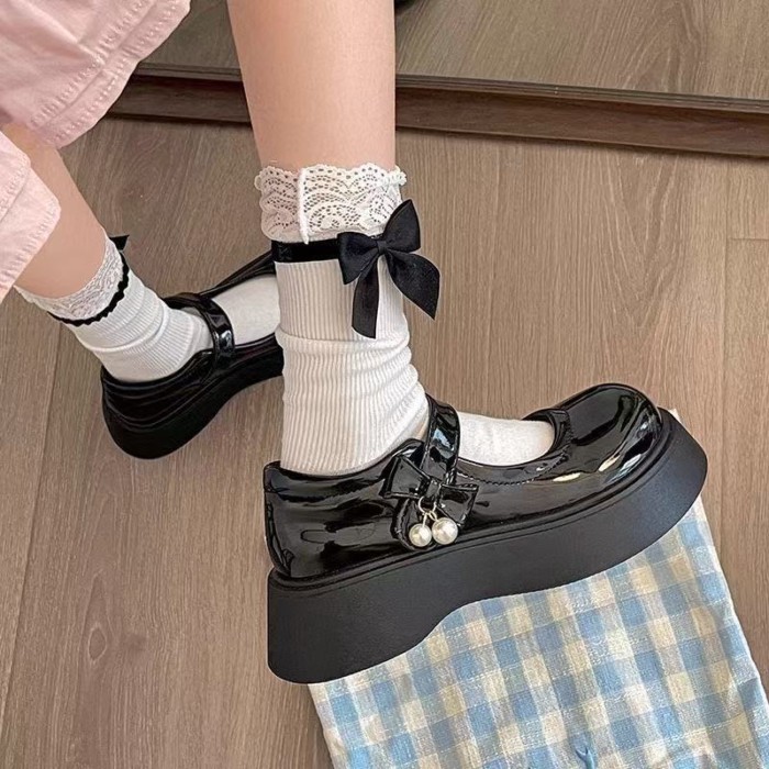 Giày da nhỏ Mary Jane dành cho nữ phong cách Anh quốc nơ đế dày tăng chiều cao đa năng Giày p