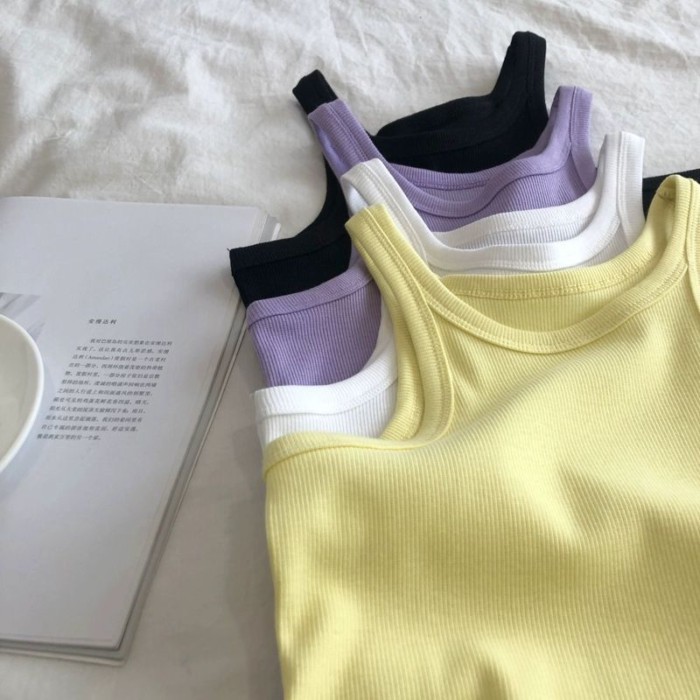Bé Gái Retro Mỹ Co Giãn Ôm Vừa Vặn Góc Vai Yếm Nữ Đáy Áo Vest Thể Thao Mùa Hè