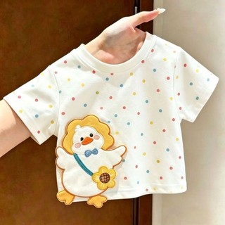 Áo thun ngắn tay thêu ba chiều bằng vải cotton nguyên chất dành cho trẻ em bé trai và bé gái có miế