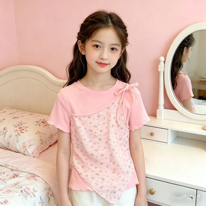 Cô gái Pháp không đều nối ren áo thun ngắn tay dành cho nữ ngọt ngào hoa nhỏ giả hai mảnh trê