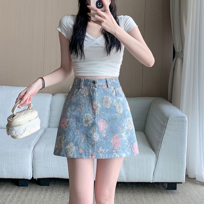 Retro Đau Khổ Hoa Hồng Hoa Denim Váy Ngắn Nữ Cao Cấp Ôm Cổ Đa Năng Hông Váy