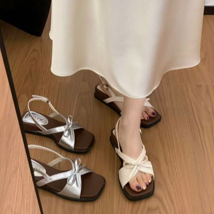 Giày sandal quai nơ nhẹ nhàng kiểu Pháp cho nữ, đế dày mùa hè kèm váy, sandal La Mã cho nữ