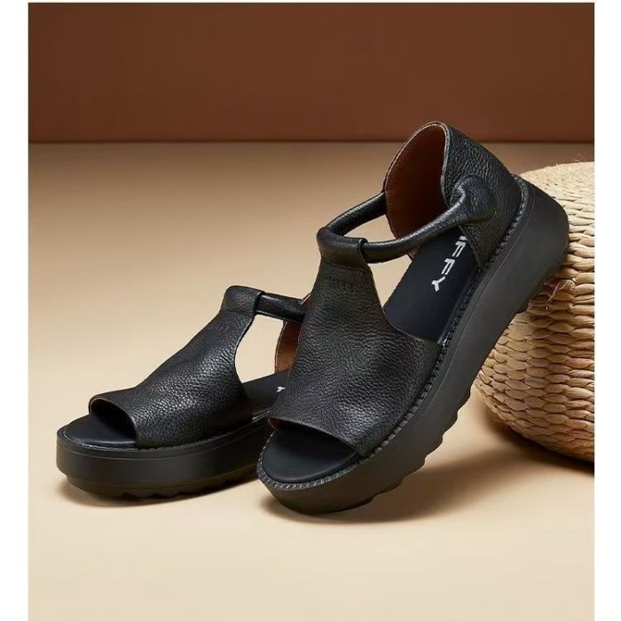 Dép da mềm mùa hè dành cho nữ Dép đế bằng Velcro đế mềm hở mũi thông thường dành cho nữ Giày La Mã