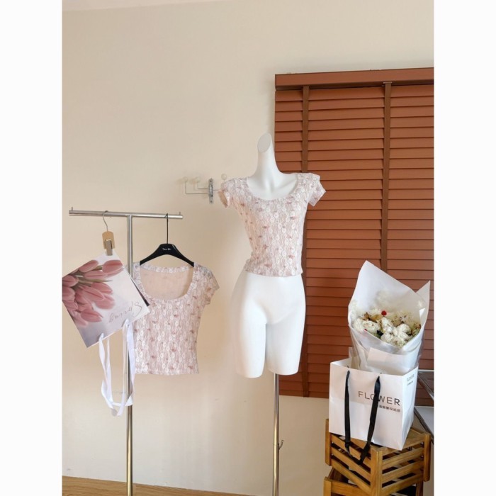 Nguyên Chất Desire Cổ Vuông Phối Ren Áo Thun Nữ Tay Ngắn Nữ Pháp Slim Fit Mỏng Tính Khí Nguyê