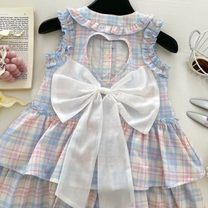 Váy không tay kẻ sọc ngọt ngào cho bé gái Công chúa Tank Top Baby Girl Bow Backless Cake Dres