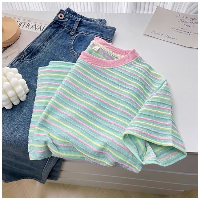 Áo thun ngắn tay Mint Mambo dành cho nữ mùa hè phong cách Hàn Quốc màu sắc sọc mỏng cổ tròn t