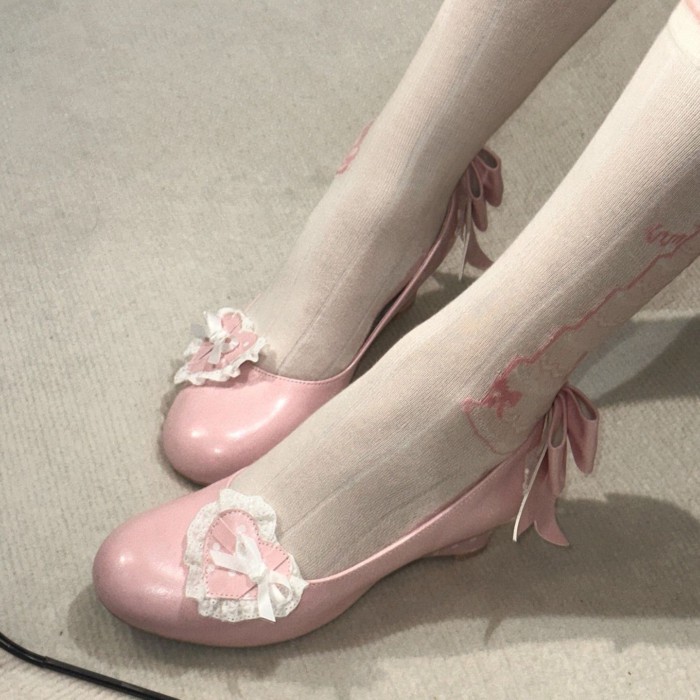 Giày cao gót đế xuồng ren chấm bi tình yêu có thể tháo rời cho nữ mùa xuân mới giày lolita nơ